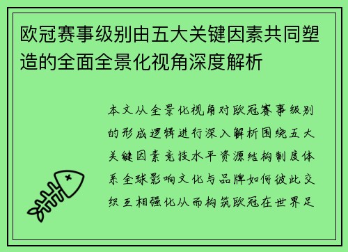 欧冠赛事级别由五大关键因素共同塑造的全面全景化视角深度解析 欧冠赛事级别由五大关键因素共同塑造的全面全景化视角深度解析