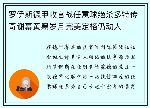 罗伊斯德甲收官战任意球绝杀多特传奇谢幕黄黑岁月完美定格仍动人